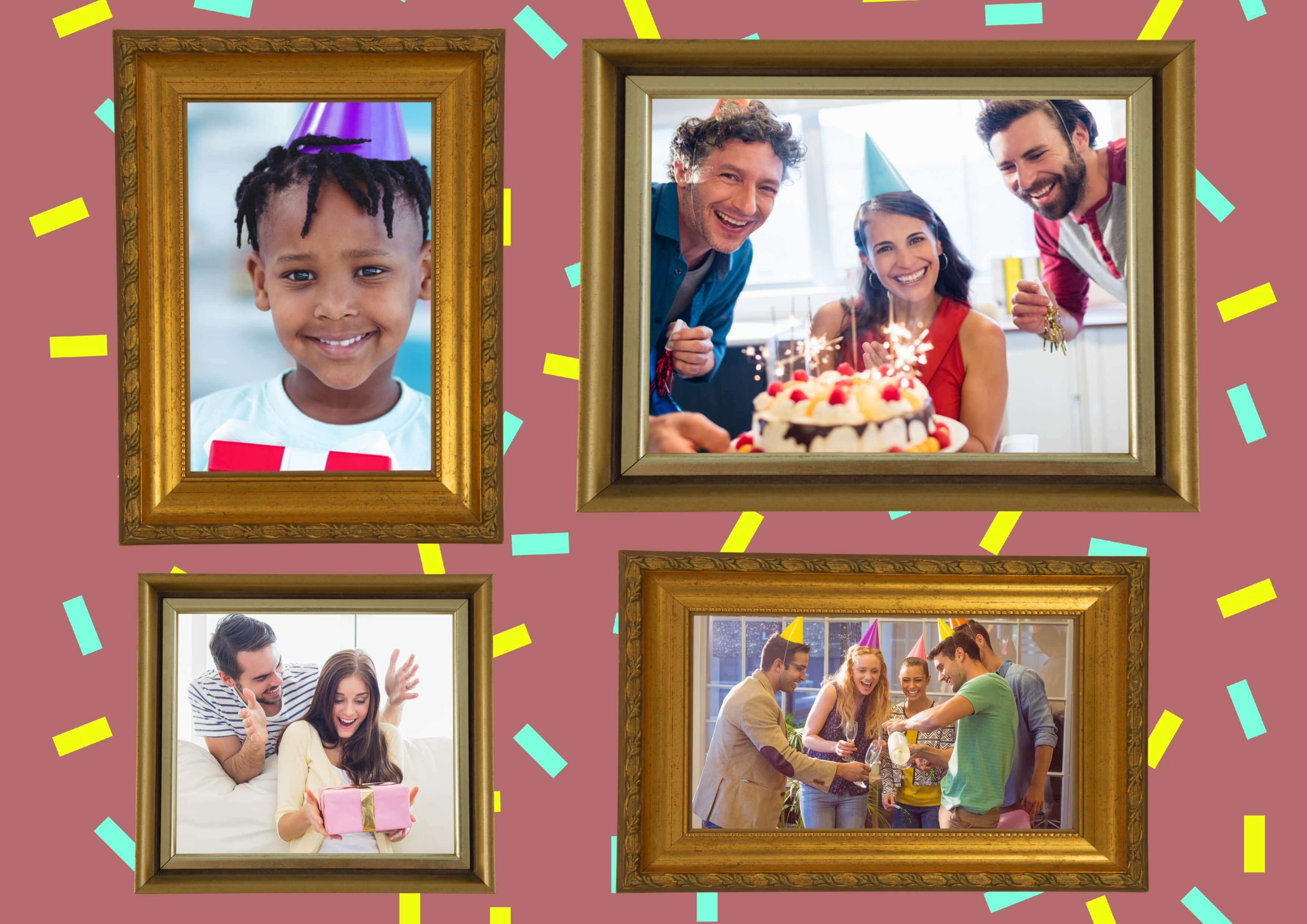 Exemplo de colagem de aniversário com imagens em molduras e fundo de confete